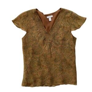 Charter Club Boho Silk Paisley Print V-Neck Blouse Size 14P Y2K Earthy